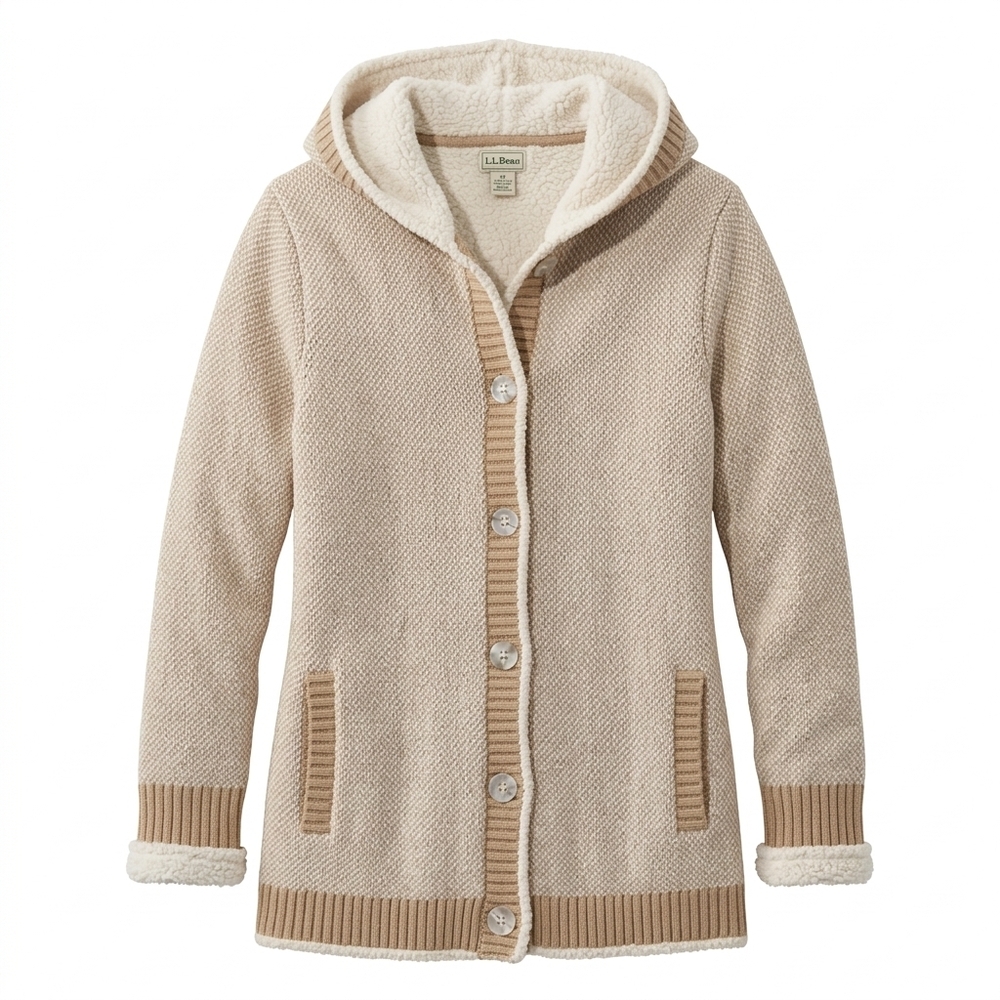 L.L. Bean Sherpa-Lined Hooded Knit Sweater Jacket Size M
